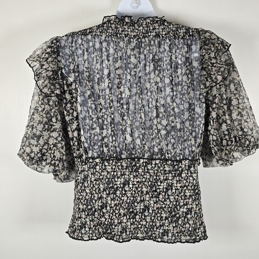 Free People Beatrice Lace-Up Top Printed Sheer Smocked Black Floral Size Medium - Picture 4 of 16